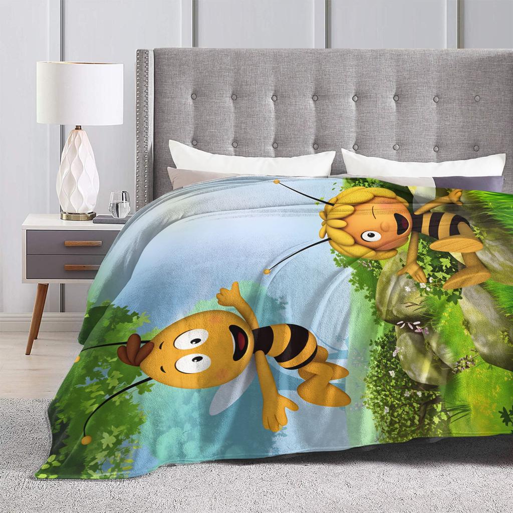 Maya The Bee With Flowers Blanket Cartoon Soft Comfortable Plush Throw Blanket For Couch Bed Camping Flannel Bedspread Bed Cover