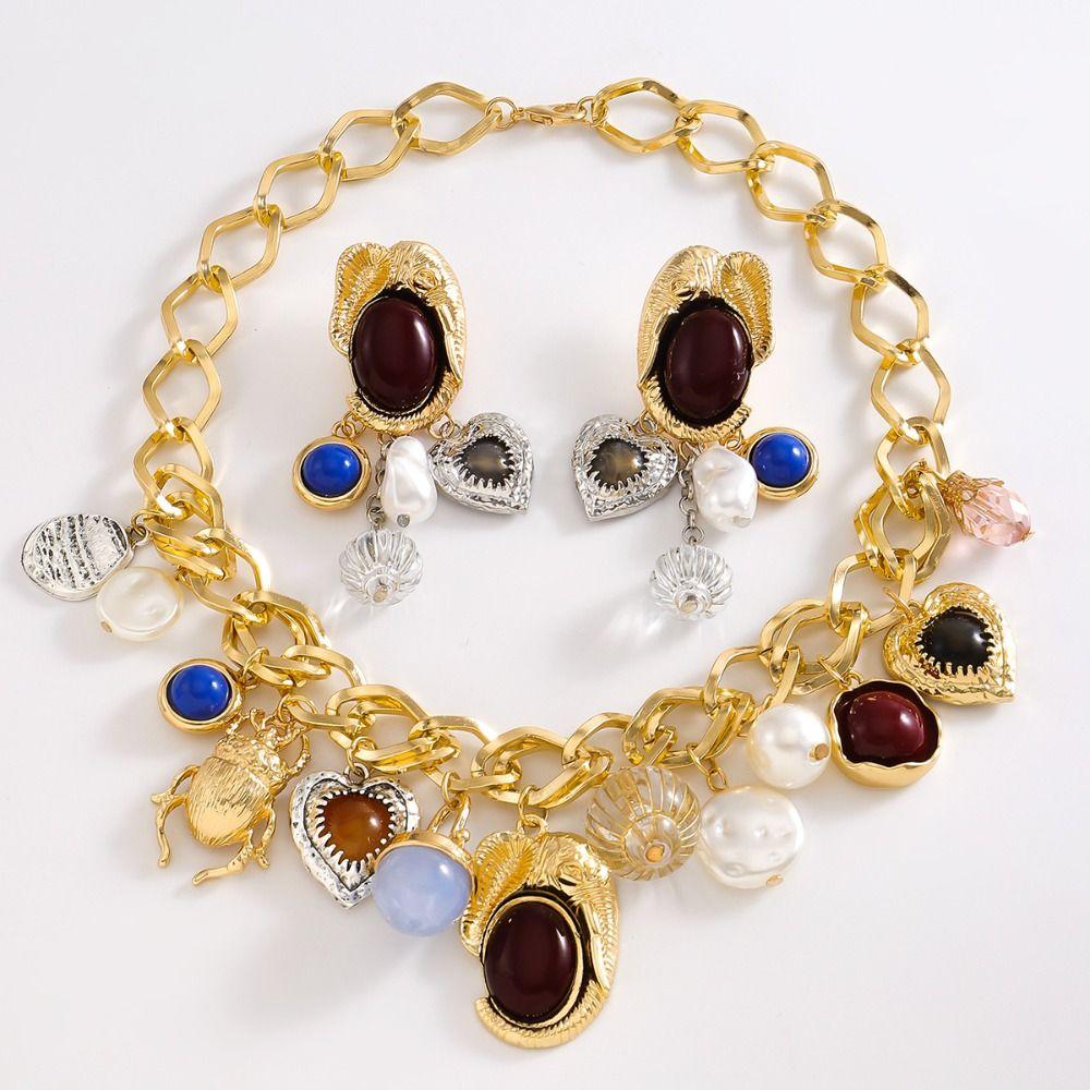 Personality Collarbone Chain Literature Vintage Earring Multi Pendant Chain Necklace  Autumn