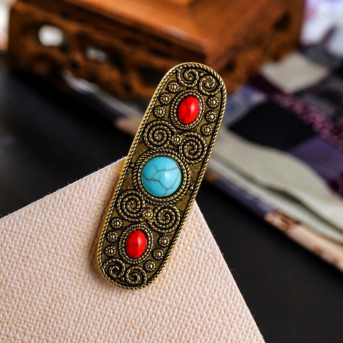Turquoise Ethnic Style Hair Clip: Mongolian Headdress & Tibetan Duckbill Design