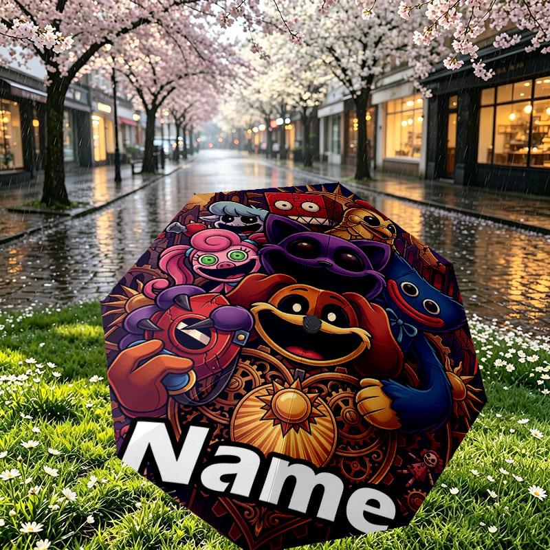Custom Name Personalized Poppy Playtime Print Umbrella, Auto Open Close, 8‑Rib Sturdy Frame, Commute Camping Hiking Use, Birthday Gift