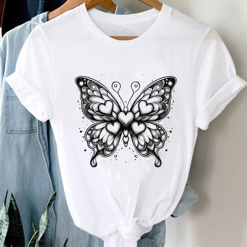 (Asian Size) Printed Clothing Top Fashion Short Sleeve T-shirts Women vintage butterfly flower Graphic Tee Lady Female Casual T Shirt Tees