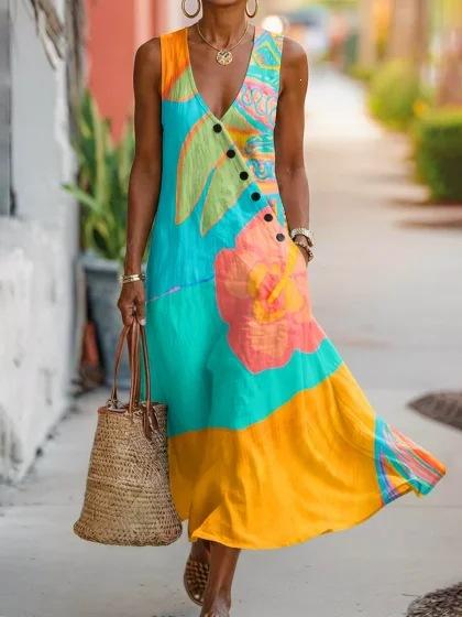 Summer V-neck Sleeveless Diagonal Button-up Vest Skirt Long Women's Vacation Casual Dress