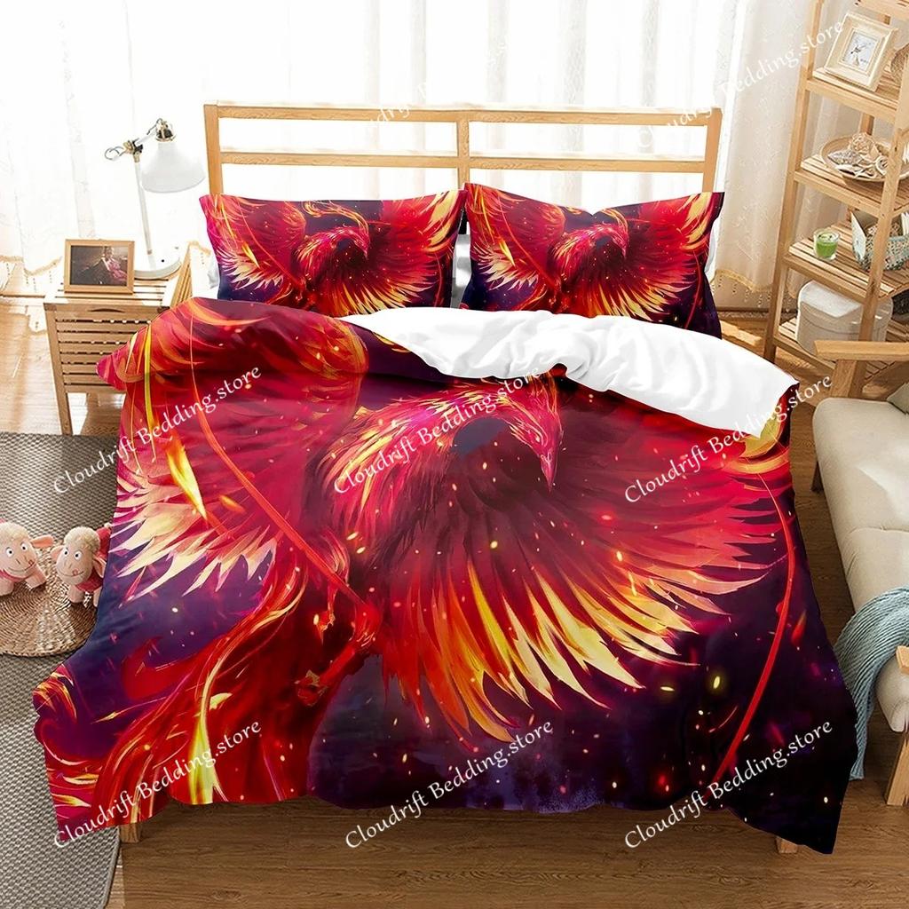 Phoenix Duvet Cover Set King Queen Size for Kids Boy Girls Bedding Set Yellow Animals Pattern Polyester Quilt Cover with Zipper