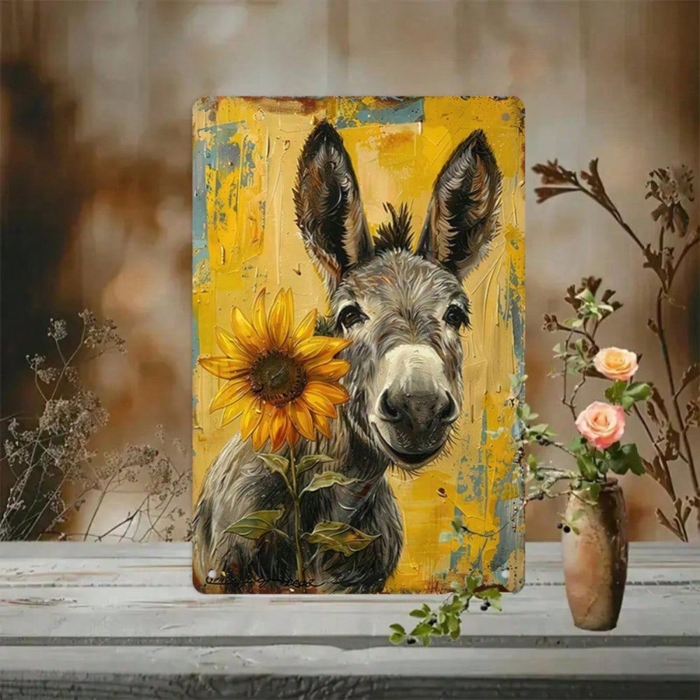 Décoration murale en métal style ferme vintage, motif âne et tournesol, idéale pour le jardin, le salon ou la véranda.