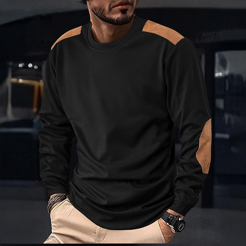 Men's White Waffle Knit Long Sleeve Crew Neck Shirt with Suede Patches