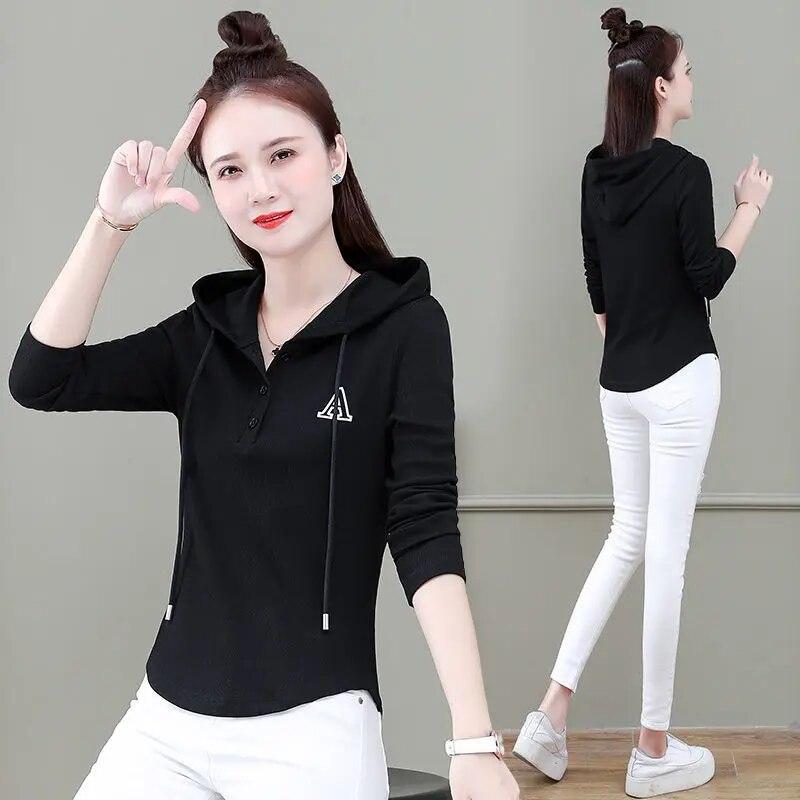 Mit kapuze Casual Langarm T-shirt frauen Frühling Herbst Neue Slim Fit Oberbekleidung Top Fashion Solid Farbe Bodenbildung Shirt M-4XL