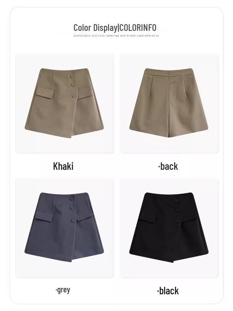 2025 Irregular High-Waisted Slimming A-Line Shorts Skirt with Button Detail - Women's Wide-Leg Pants