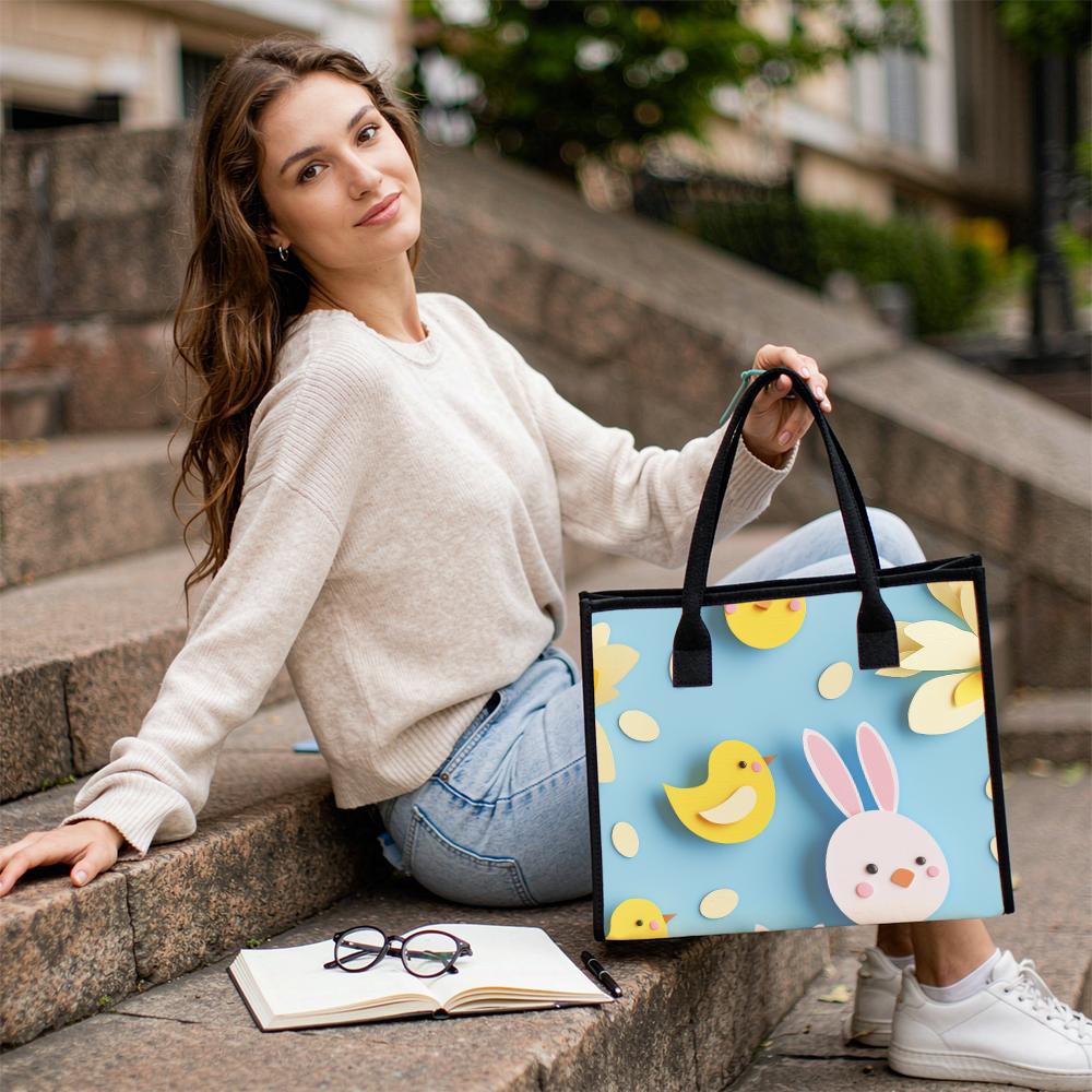 Cute Easter Bunny Chick Print Tote Bag Fashion Casual Daily Portable Large Capacity Shopping Handbag