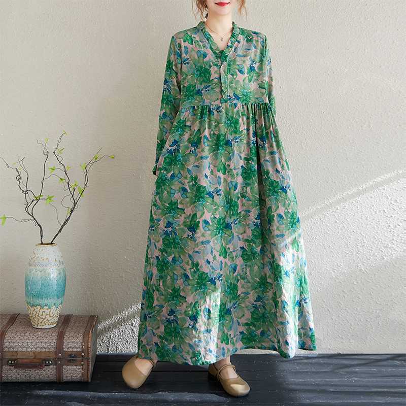 

Женское весенне-летнее платье с цветочным принтом в винтажном стиле из смесовой ткани с добавлением льна, с оборкой по вырезу горловины и летящим А-силуэтом L