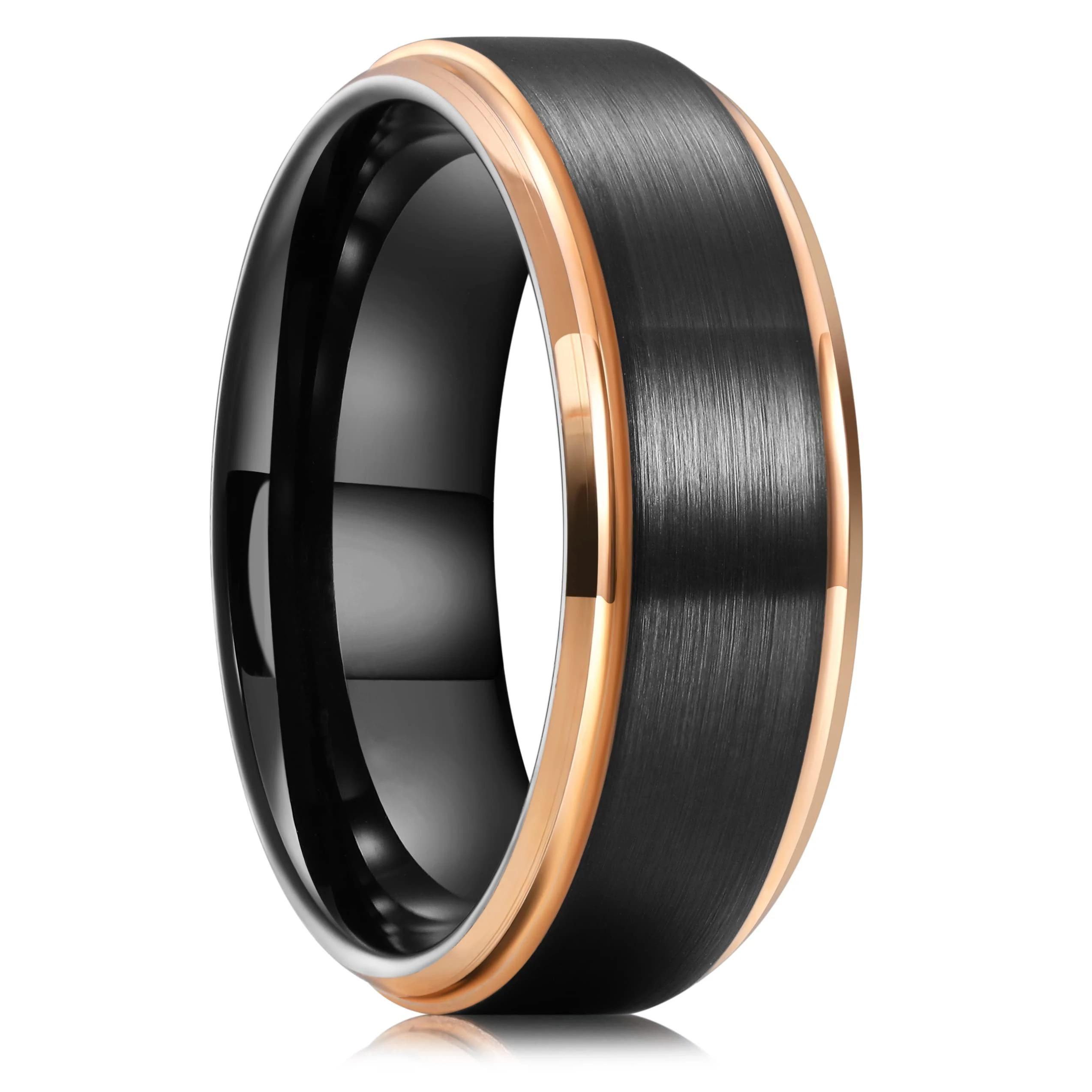 Mode 8mm Schwarze Gebürstete Titan Edelstahl Ringe für Männer Frauen Roségold Farbe Stufenkante Herrenringe Hochzeitsparty Schmuck 11