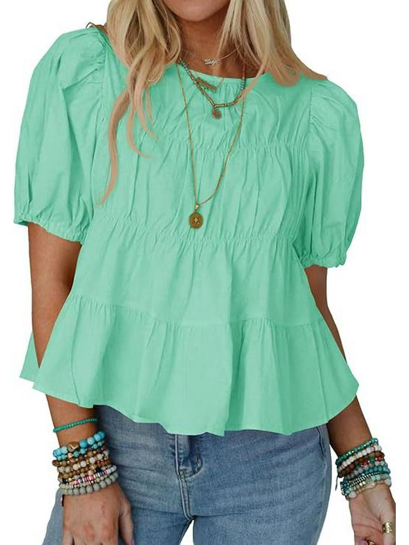 Летний женский плиссированный пуловер с коротким рукавом 2025 - Европейский и американский стиль M изумрудный/зелёный