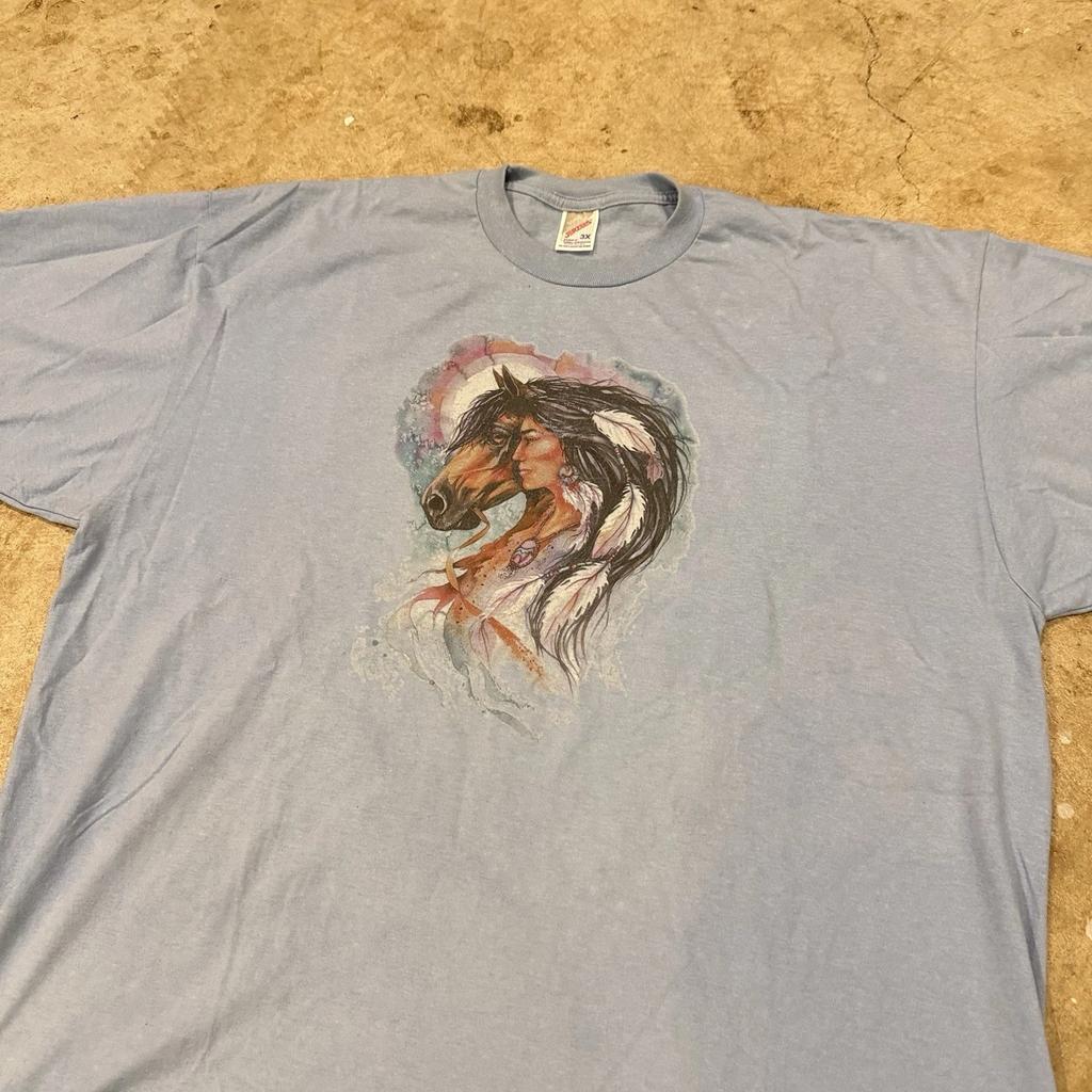Vintage Native American Horse Tee T-Shirt Light Blue 3XL