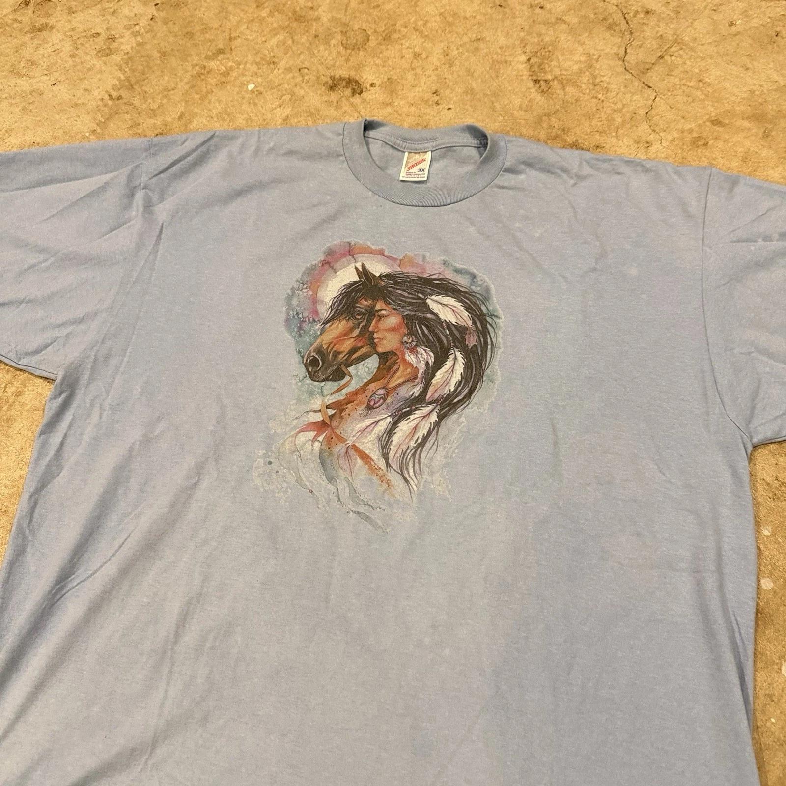 Vintage Native American Horse Tee T-Shirt Light Blue 3XL S