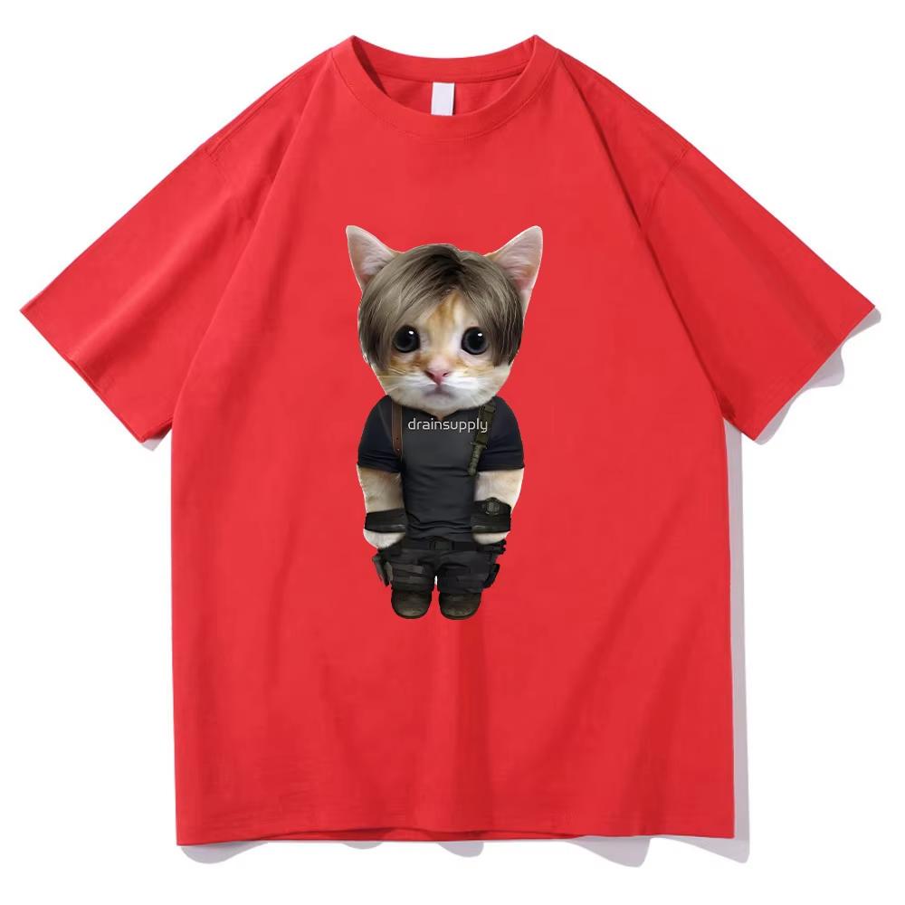 Leon Kennedy Kitty Tshirts Cartoon Funny Graphic Clothing Summer Trendy Pure Cotton Tees Harajuku Fashion Unisex T Shirts