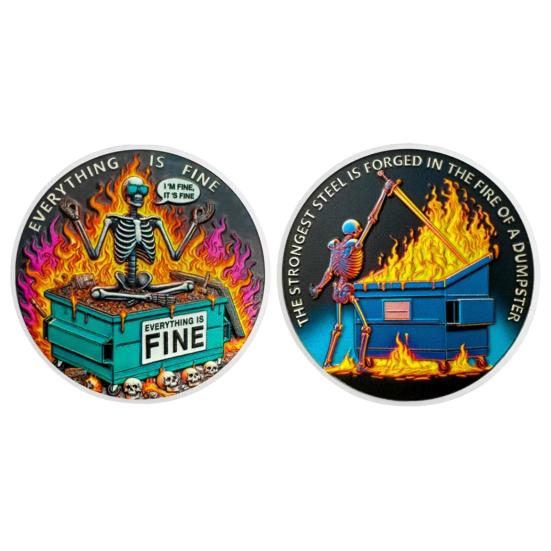 Skull Dumpster Flame Challenge Coin The Strongest Steel Is Forged Dumpster Flame Coin Funny Desk Accessories Inspirational Gifts