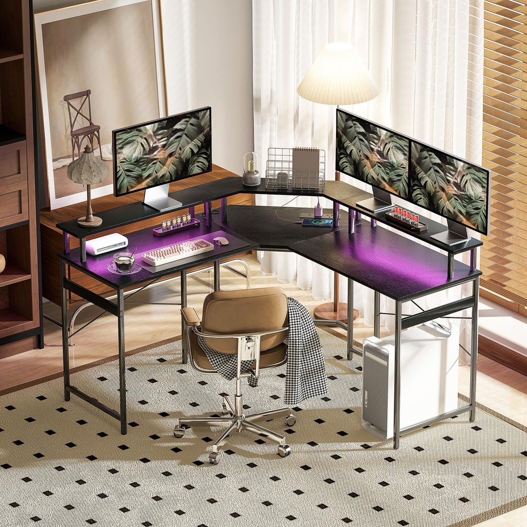 L Shaped Work Desk With LED Lights Black