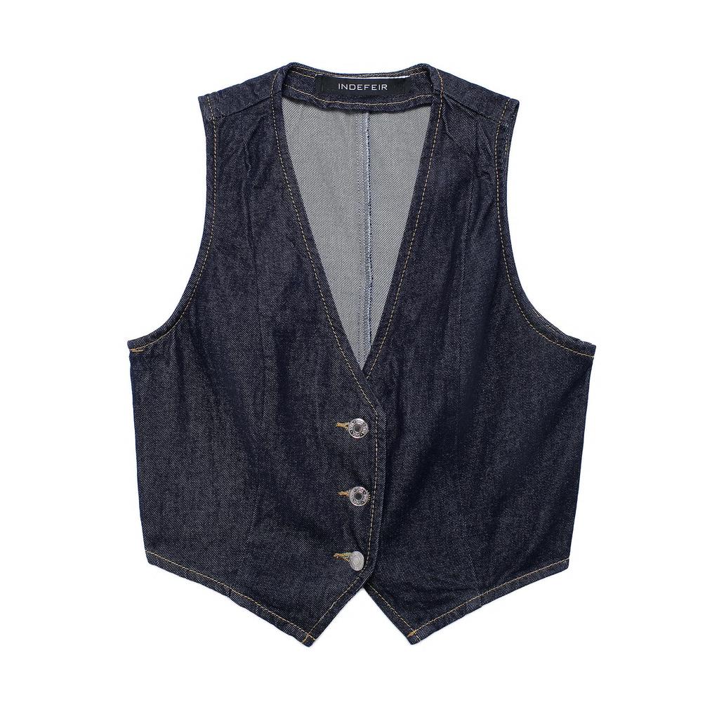 2024 Retro V-Neck Denim Vest & Wide-Leg Pants Set for Women