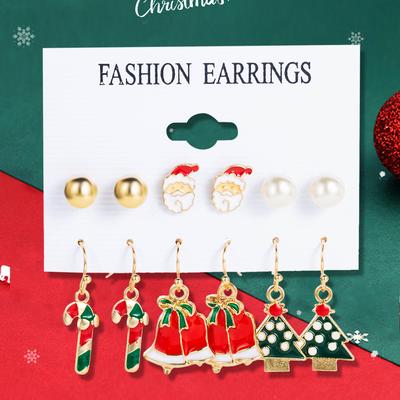 6 Pairs Ladies Christmas Series Earrings With Santa Claus Zircon Pattern Fashionable And Cute Cartoon Alloy Earrings Accessories