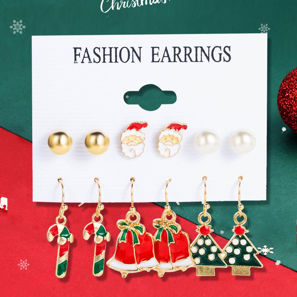 

6 Pairs Ladies Christmas Series Earrings With Santa Claus Zircon Pattern Fashionable And Cute Cartoon Alloy Earrings Accessories красный