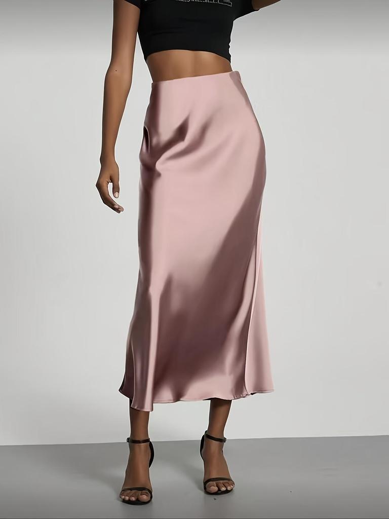 Elegant European-American Satin Midi Skirt with Slimming Drape