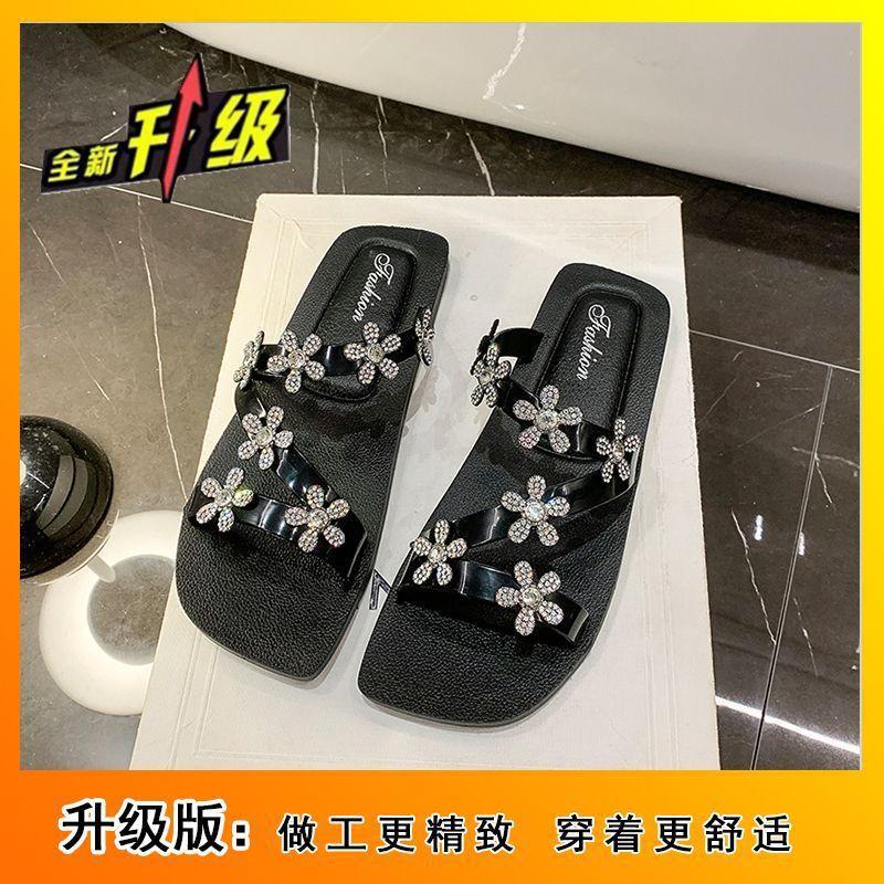 Square head temperament versatile high heels women's fashion word with flower rhinestone stiletto sandals 2025 summer and autumn new