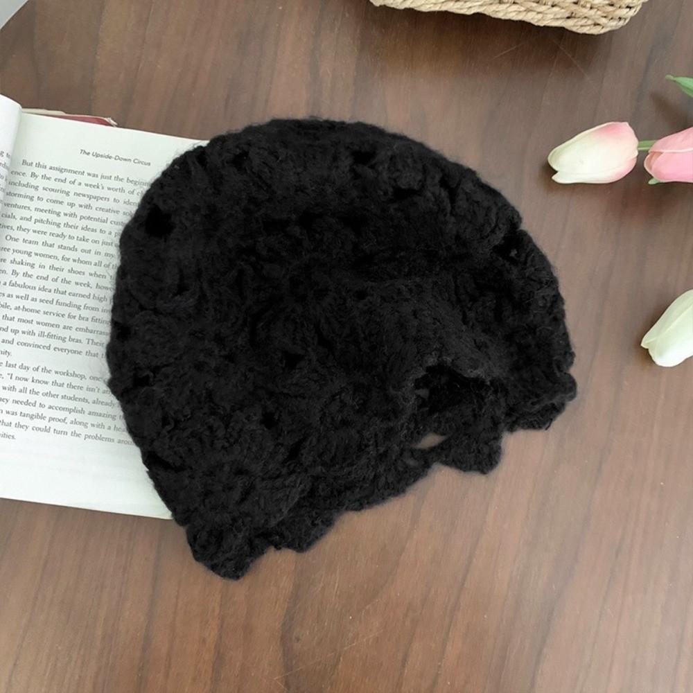 Hollow Knitted Pullover Hat Solid Color Beanies Cap Cute Crochet Flower Hat  Girls