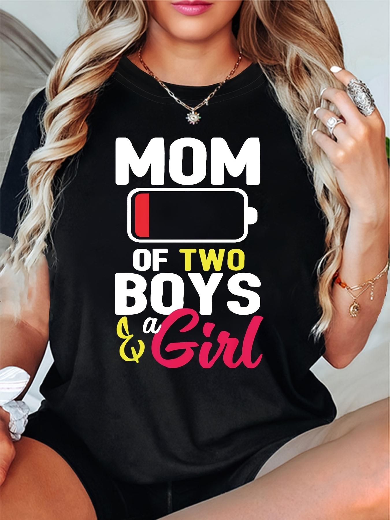 MOM OF TWO & Letter Print T-Shirt, Short Sleeve Crew Neck Casual Top for Summer & Spring, Women S Clothing 2XL