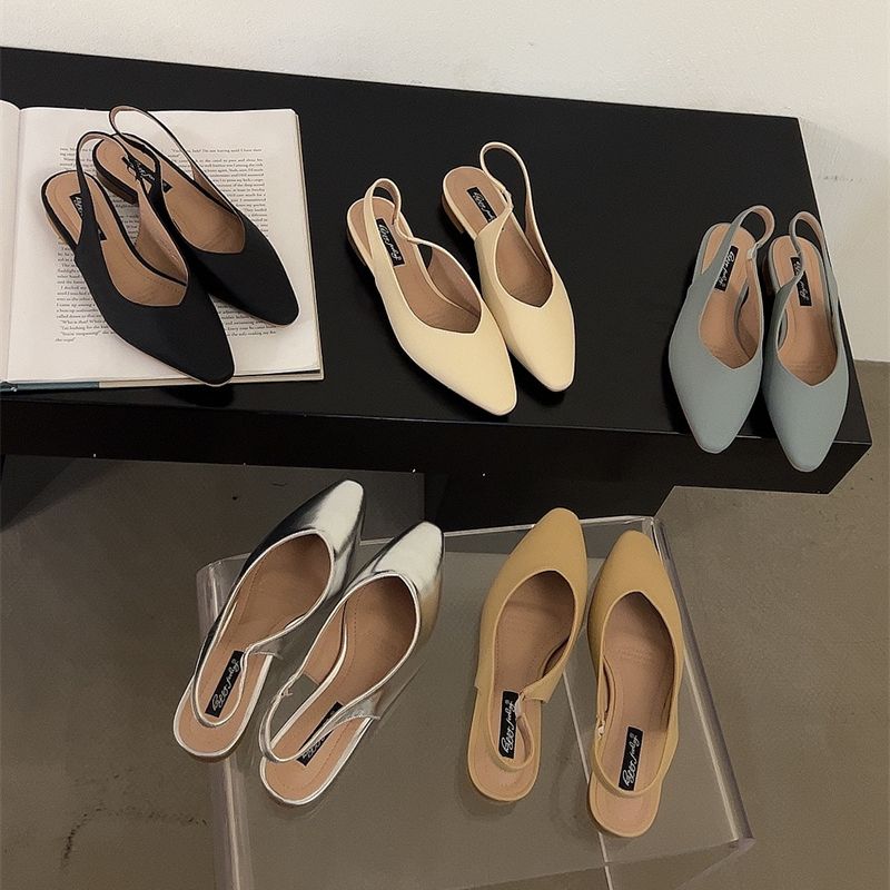 Fashion Bailamos Women Flats Low Heel Slingback Sandals Slip On Shallow Mules Shoes Pointed Toe Female Office Lady Work Shoes Mujer