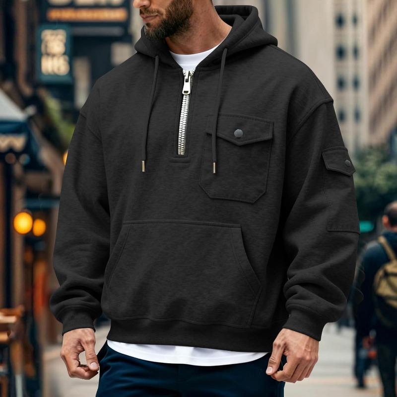 

Men Fall Half Zip Hoodie Black Pocket Detail Heavyweight Sweatshirt M