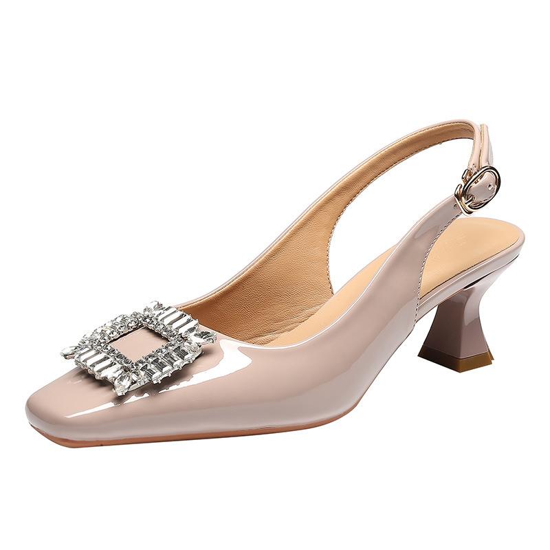 Baotou back empty sandals summer fashion 2025 new patent leather French square head single shoes rhinestone high heels stiletto