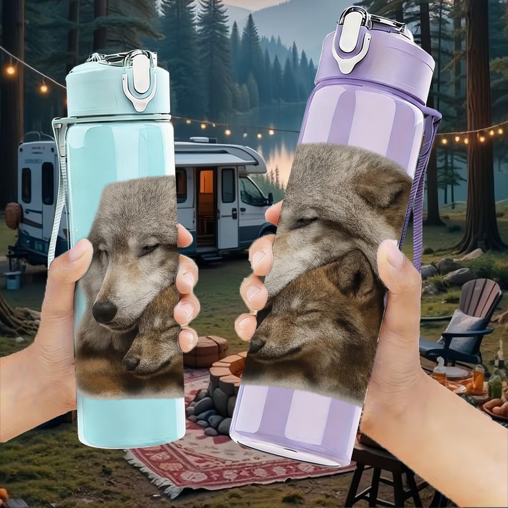 1PC Grey Wolf Head Portrait 750ml Color Plastic Sports Water Bottle Leakproof Flip Straw Lid Suitable for Sports Office Home Use