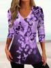 Women's Elegant V-Neck Marble Print Long Sleeve T-Shirt Soft Polyester Great for Autumn and Winter Casual Wear Floral Print Tops