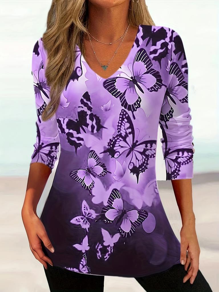Women's Elegant V-Neck Marble Print Long Sleeve T-Shirt Soft Polyester Great for Autumn and Winter Casual Wear Floral Print Tops