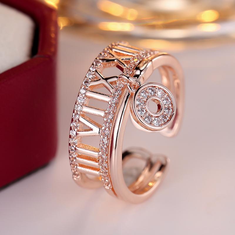 Luxury Simple Fashion Gold Color Roman Numerals Zircon Open Ring for Women Adjustable Index Finger Ring Engagement Wedding Jewelry