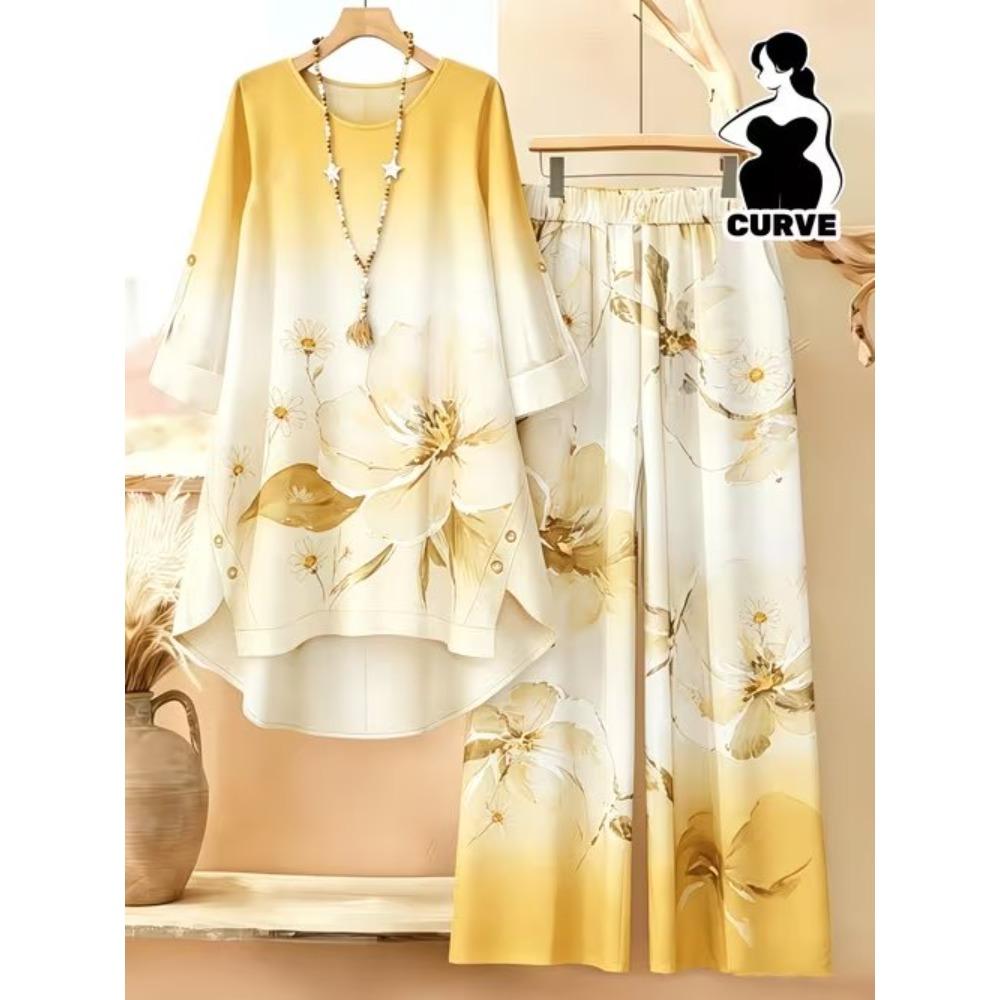 Geometric Pattern Print Two Piece Outfit Women Long Sleeve Irregular Hem Tunic Top Wide Leg Pants Casual Matching Set