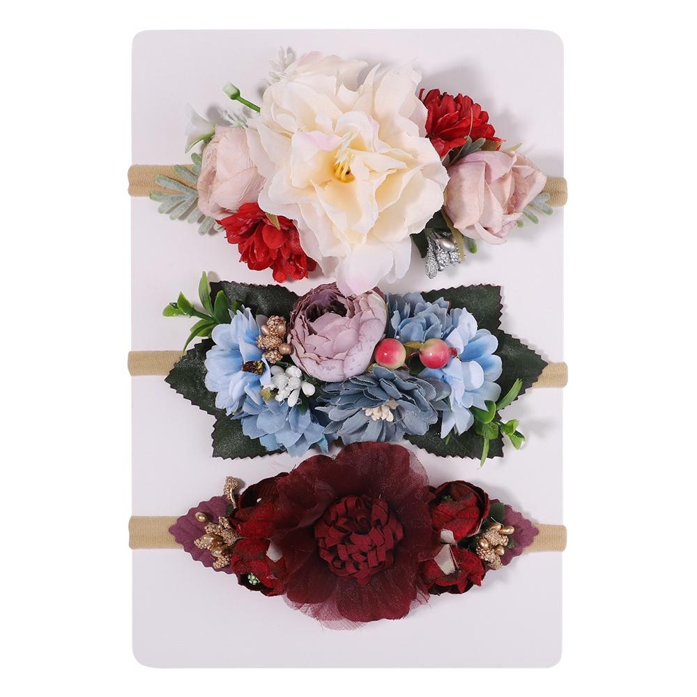 3Pcs Artificial Flower Headband for Baby Girls Sweet Wedding Hair Band Set Floral Toddler Elastic Nylon Headwear Accessories