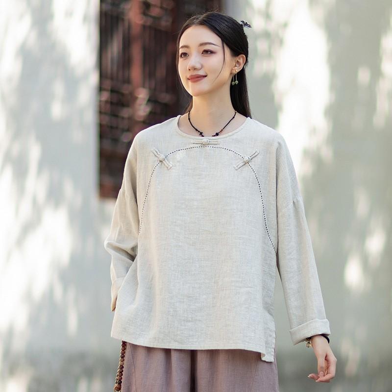 

Johnature Women Vintage Embroidery T-Shirts Solid Color Autumn Button Soft Chinese Style T-Shirts One Size