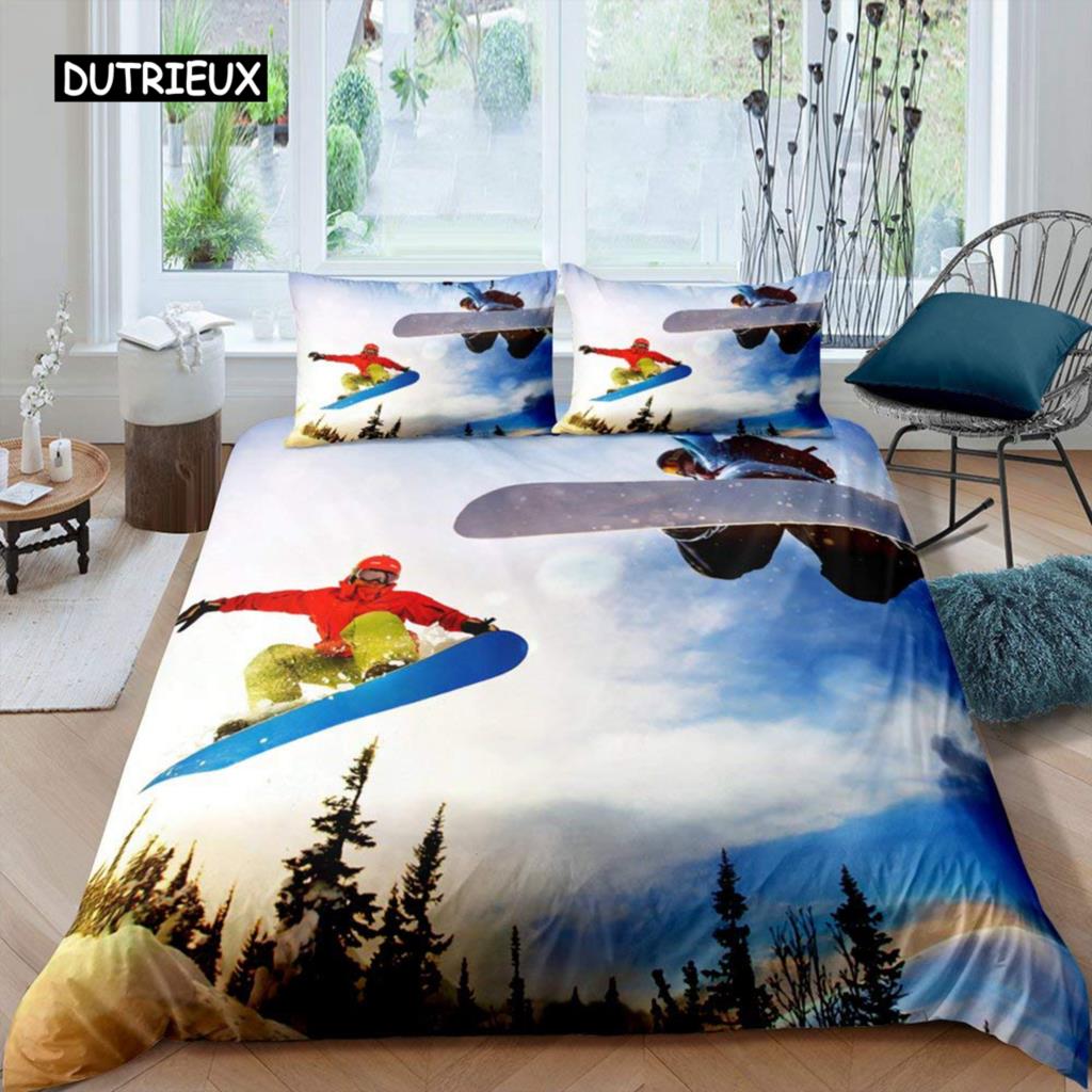 Ski-Bettbezug-Set, Cartoon-Ski-Bettwäsche-Set, Sport-Thema, Bettbezug, Extremsport-Design, Queen- und King-Size-Bettbezug