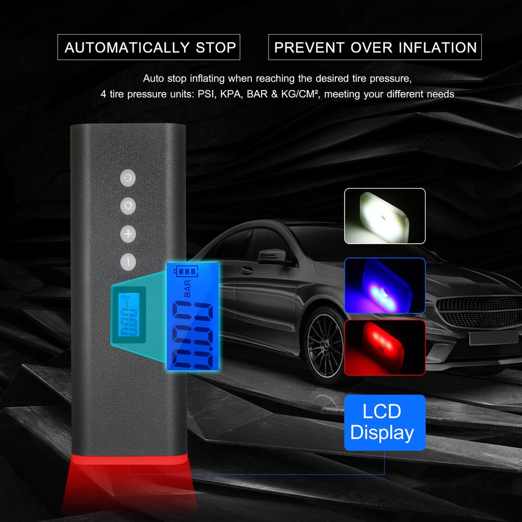 Gonfiatore per pneumatici portatile Compressore d'aria Pompa per pneumatici tenuta in mano 150PSI 2000mAh Display LCD con luce a LED