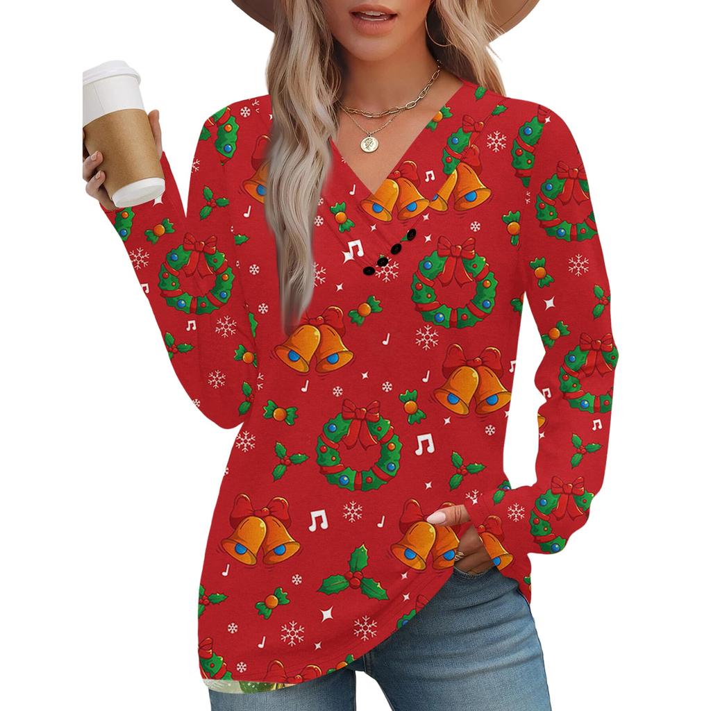 Women's Fashion Casual V-neck Pleated Christmas Long Sleeve Top