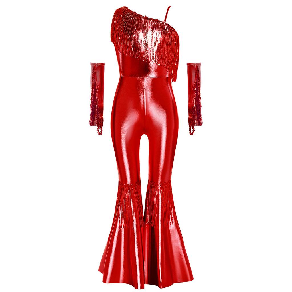 Girls Sequined One Shoulder Jumpsuit Sleeveless Disco Dance Costume High Waist Flared Design Tassel Details Gloves Included