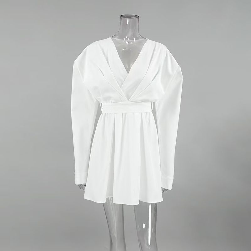

New Arrival Russia Sexy V-neck Puff Sleeve Dress Easiest for Match Shoelace Slim White Dress Sexy V-neck Dress White L