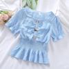 Ruffled Short-sleeve Shirt Nipped Waist Solid Pleated Button Down Top Female Chiffon Blouse Square Neck Chiffon Shirt