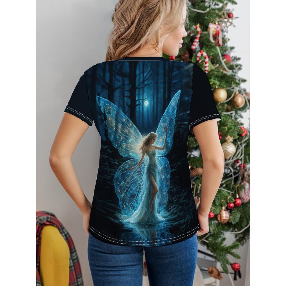 Fairy Print T-shirt, casual crew collar short-sleeved top Spring/Summer, women's wear