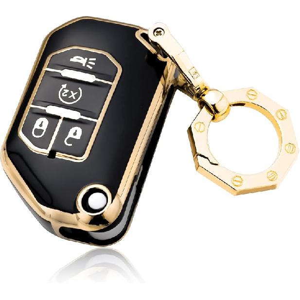 YHC for Jeep Key Fob Cover Car Key Case Shell with Gold Keychain fit Wrangler Gladiator JL JLU JT