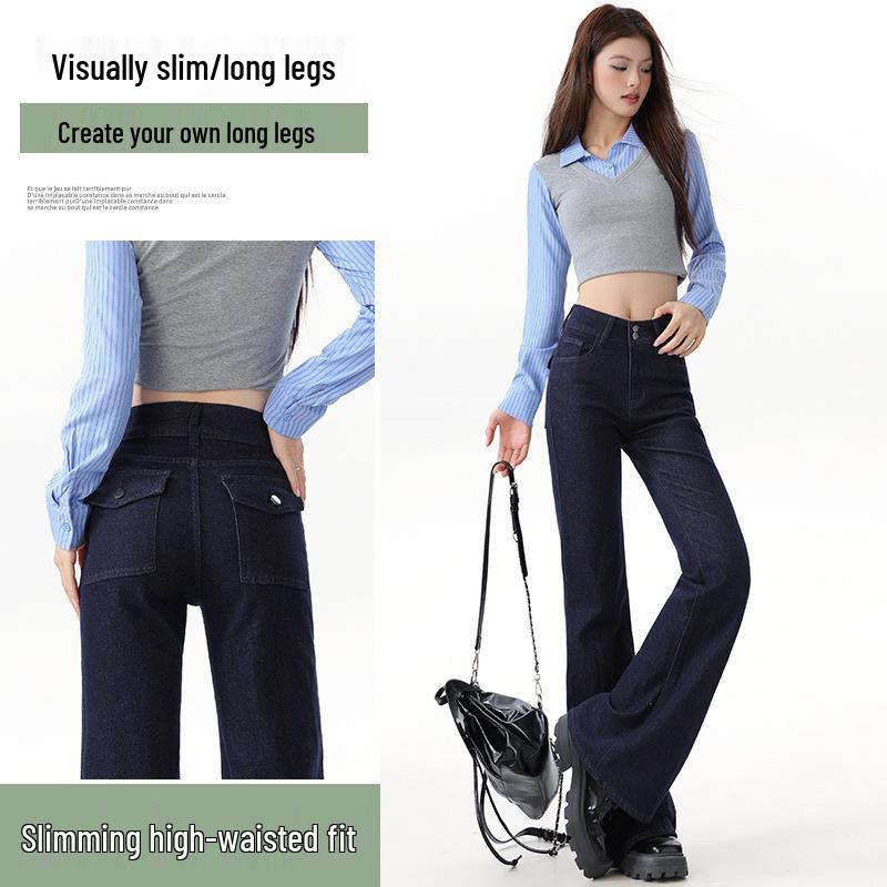 Women's 2025 Denim Blue Flare Jeans, Double Button, Slimming Floor-Length with Unique Back Pockets, Early Autumn Design.