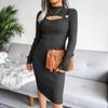 Women Fall Winter Sexy Hollow Out Solid Color Long Sleeve Knit Slim Chic Dress S-L