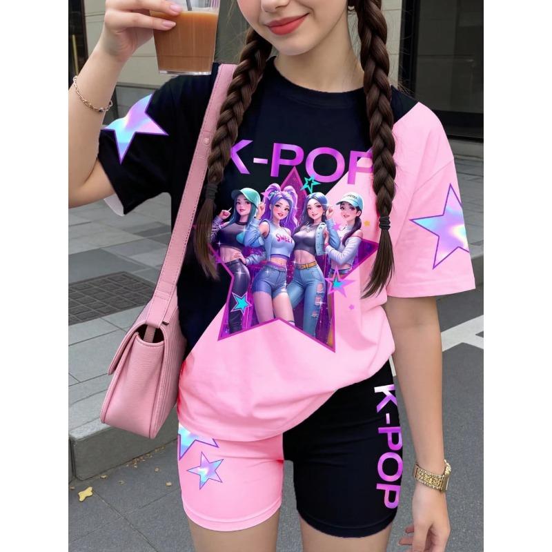 Kpop Cartoon Graphic Girls T-Shirt and Pants Set Girls' Summer Clothing Cute Short Sleeve Set Children's T-Shirt and Shorts Set