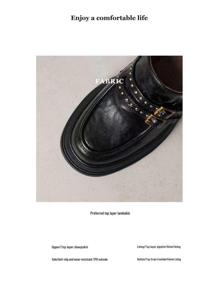 Women's 2025 Autumn/Winter Chunky Heel Genuine Leather Loafers - Thick-Soled Petite Versatile Shoes