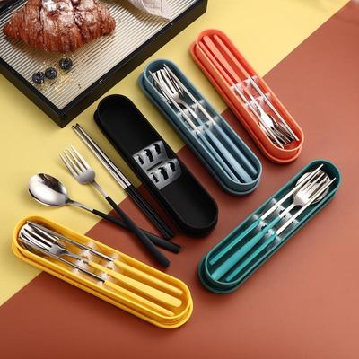 304 Stainless Steel Cutlery Set: Fork, Spoon, Chopsticks with Vertical Stripe Box for Travel, Camping, Student Use